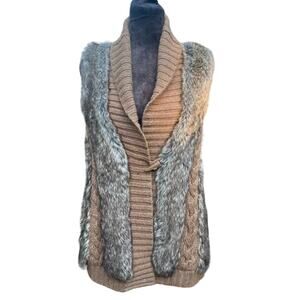 Mob Wife Chic Faux Fur Cable Knit Gilet Vest Western Tan Brown Sz 12